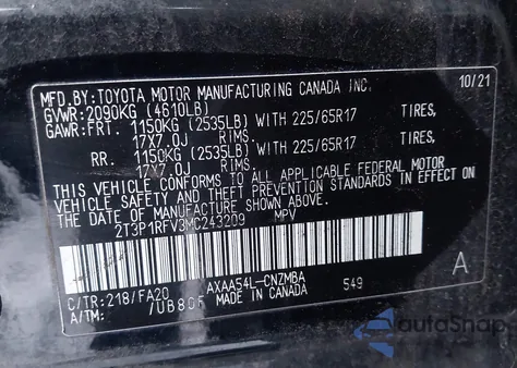 2021 Toyota Rav4 Xle z USA, uszkodzony, nr VIN 2T3P1RFV3MC243209